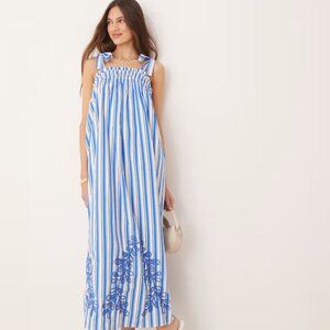 YAS Blue Tie Shoulder Smock Maxi Dress With Floral Embroidered Detail